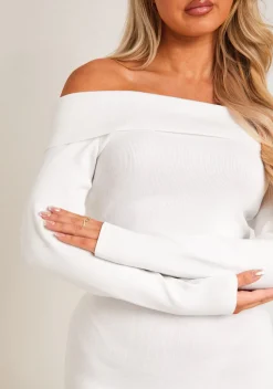 Knitted Dresses|Mini Dresses*Missy Empire Kiara Long Sleeve Off The Shoulder Knitted Dress White