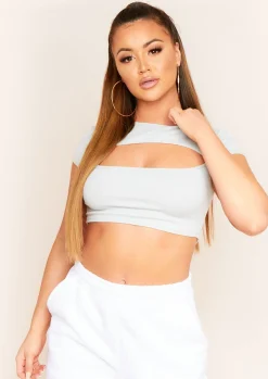 Tops*Missy Empire Kiely Cut Out Cap Sleeve Ribbed Crop Top Light Grey