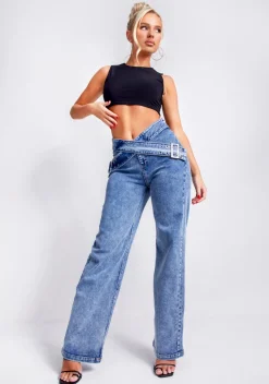 Concert Outfits|Jeans*Missy Empire Kiki Blue Light Wash Denim Cross Over Belt Straight Leg Jeans
