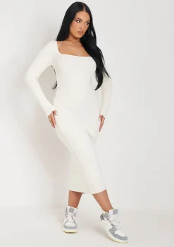 Long Sleeve Dresses|Knitted Dresses*Missy Empire Kim Knit Square Neck Long Sleeve Midi Dress Cream