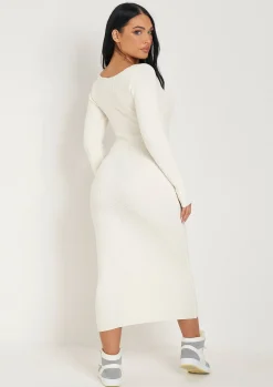 Long Sleeve Dresses|Knitted Dresses*Missy Empire Kim Knit Square Neck Long Sleeve Midi Dress Cream