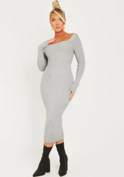 Knitted Dresses|Midi Dresses*Missy Empire Kim Knit Square Neck Long Sleeve Midi Dress Light Grey