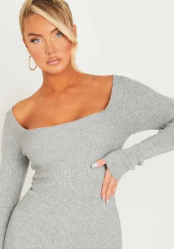 Knitted Dresses|Midi Dresses*Missy Empire Kim Knit Square Neck Long Sleeve Midi Dress Light Grey
