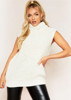 Tops|Knitwear*Missy Empire Kimberley Beige Knitted Roll Neck Sleeveless Top