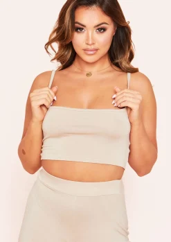 Tops|Loungewear*Missy Empire Laila Basic Jersey Strappy Crop Top Beige