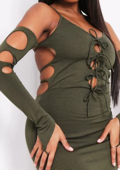 Mini Dresses|Party Dresses*Missy Empire Lalie Khaki Cut Out Tie Mini Dress