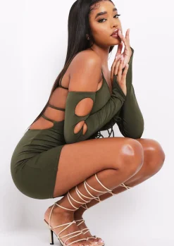 Mini Dresses|Party Dresses*Missy Empire Lalie Khaki Cut Out Tie Mini Dress