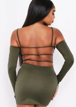 Mini Dresses|Party Dresses*Missy Empire Lalie Khaki Cut Out Tie Mini Dress