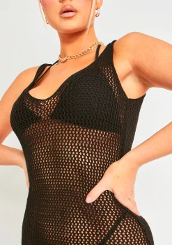 Little Black Dresses|Knitted Dresses*Missy Empire Lana Black Crochet Side Split Maxi Dress