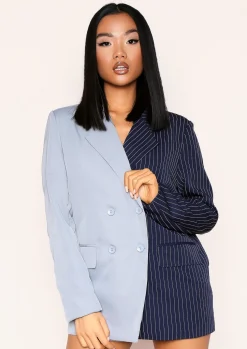 Coats & Jackets|Blazers*Missy Empire Larna Navy Pinstripe Spliced Double Breasted Longline Blazer