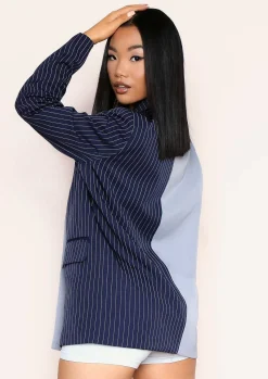 Coats & Jackets|Blazers*Missy Empire Larna Navy Pinstripe Spliced Double Breasted Longline Blazer