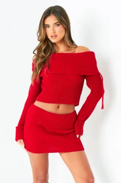Concert Outfits|Tops*Missy Empire Lauryn Knitted Bardot Fold Down Jumper Red