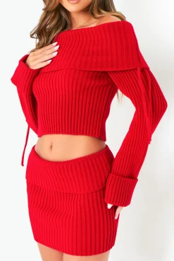 Concert Outfits|Tops*Missy Empire Lauryn Knitted Bardot Fold Down Jumper Red