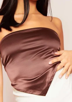 Tops*Missy Empire Layla Satin Tie Back Crop Top Chocolate