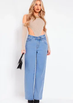 Tops|Knitwear*Missy Empire Layna Rib Knitted High Leg Bodysuit With Sleeves Beige