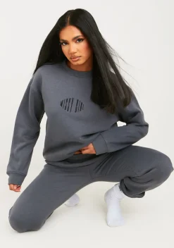 Airport Vibin'|Tracksuits*Missy Empire Leah Charcoal Missy Girl Embroidered Oversized Sweatshirt