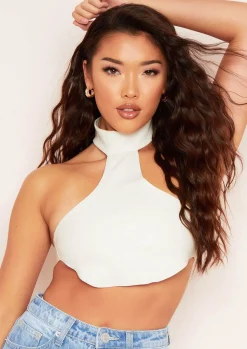 Tops*Missy Empire Lean Ivory PU Halterneck Croc Print Curved Hem Crop Top