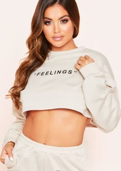 Airport Vibin'|Loungewear*Missy Empire Leandra "Feelings" Slogan Cropped Sweatshirt Beige