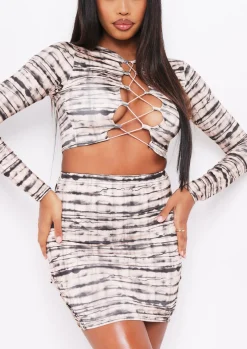 Tops|Co-Ords*Missy Empire Leilani Beige Print Lace Up Top Co-ord
