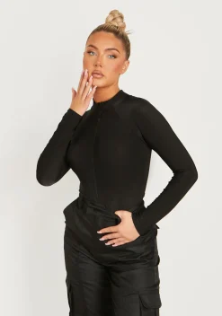 Tops|Bodysuits*Missy Empire Lexi Black Disco Zip Through Long Sleeve Bodysuit