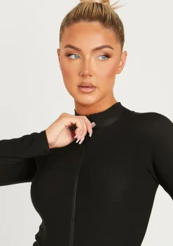 Tops|Bodysuits*Missy Empire Lexi Black Disco Zip Through Long Sleeve Bodysuit