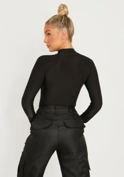 Tops|Bodysuits*Missy Empire Lexi Black Disco Zip Through Long Sleeve Bodysuit