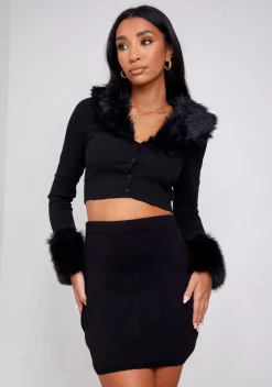 The Party Edit|Knitwear*Missy Empire Libby Black Faux Fur Trim Crop Cardigan