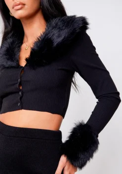 The Party Edit|Knitwear*Missy Empire Libby Black Faux Fur Trim Crop Cardigan