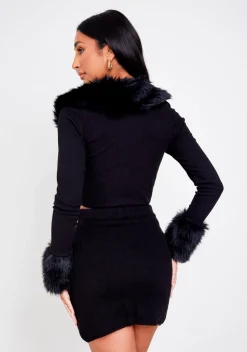 The Party Edit|Knitwear*Missy Empire Libby Black Faux Fur Trim Crop Cardigan