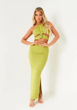 Skirts|Co-Ords*Missy Empire Livia Olive Green Side Split Maxi Skirt