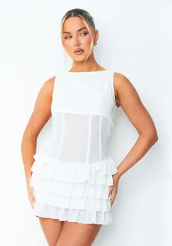Mini Dresses|Going Out Dresses*Missy Empire Lola Ruffle Lace Up Back Mini Dress White