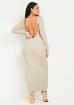 Long Sleeve Dresses|Knitted Dresses*Missy Empire Lori Oatmeal Rib Knit Long Sleeve Midaxi Dress