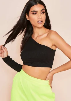 Tops*Missy Empire Lottie Ribbed One Shoulder Crop Top Black