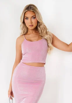 The Party Edit|Tops*Missy Empire Lottie Pink Metallic Glitter Cami Top