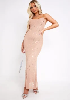 The Party Edit|Maxi Dresses*Missy Empire Louisa Rhinestone Embellished Mesh Maxi Dress Nude