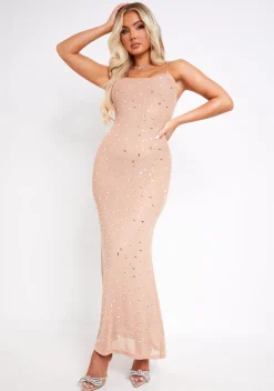 The Party Edit|Maxi Dresses*Missy Empire Louisa Rhinestone Embellished Mesh Maxi Dress Nude