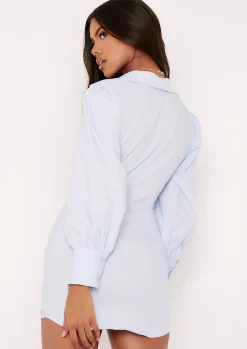 Shirt Dresses|Long Sleeve Dresses*Missy Empire Lucia Ruched Front Mini Shirt Dress Blue