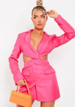 Long Sleeve Dresses|Mini Dresses*Missy Empire Lucinda Cut Out Blazer Dress Pink