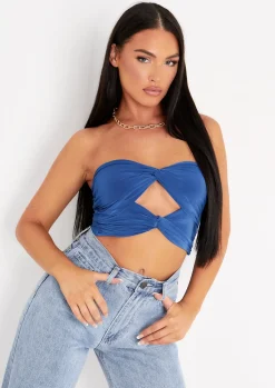 Tops*Missy Empire Lucy Blue Twist Front Cut Out Slinky Bandeau Top