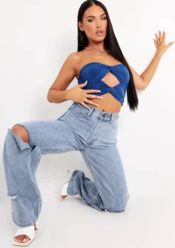 Tops*Missy Empire Lucy Blue Twist Front Cut Out Slinky Bandeau Top