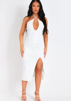Midi Dresses|Party Dresses*Missy Empire Lucy White Halter Neck Cross Over Ruched Midi Dress