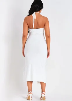Midi Dresses|Party Dresses*Missy Empire Lucy White Halter Neck Cross Over Ruched Midi Dress