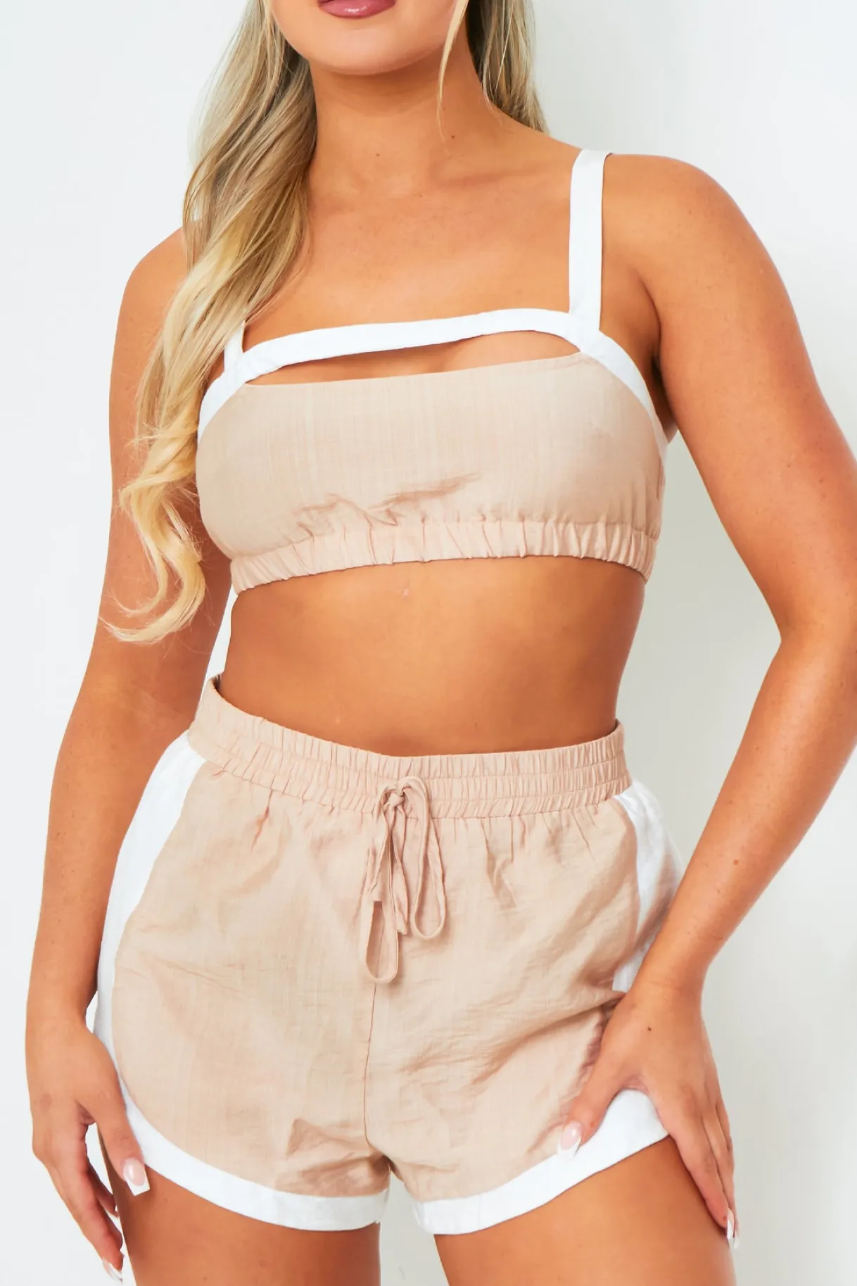 Shorts|Co-Ords*Missy Empire Luna Beige & White Linen High Rise Shorts