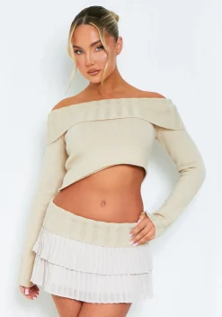 Tops|Knitwear*Missy Empire Luna Beige Off Shoulder Fold Over Knitted Jumper