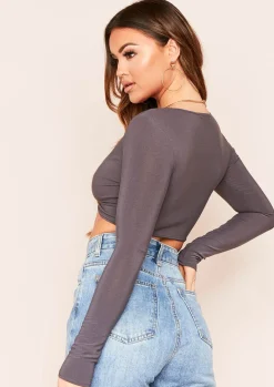 Tops*Missy Empire Luna Slinky Twist Front Long Sleeve Crop Top Charcoal