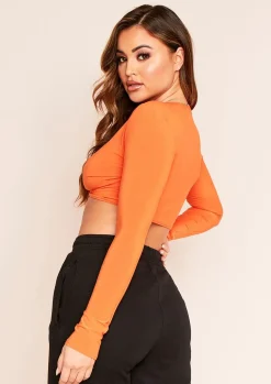 Tops*Missy Empire Luna Slinky Twist Front Long Sleeve Crop Top Orange