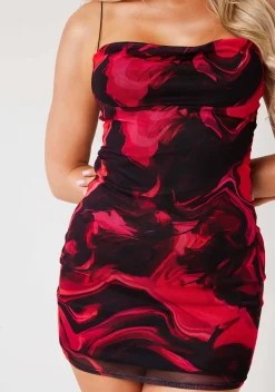Mini Dresses|Party Dresses*Missy Empire Luna Red Multi Marble Print Mesh Mini Dress