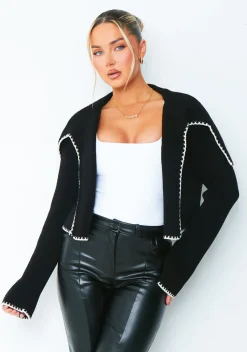 Concert Outfits|Loungewear*Missy Empire Lydia Black Contrast Trim Fold Over Cardigan