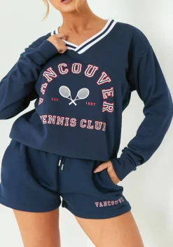 Airport Vibin'|Loungewear*Missy Empire Lyla Navy Vancouver V Neck Sweatshirt Blue