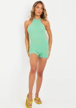 Rave Outfits|Knitwear*Missy Empire Maci Green Jacquard Knit Tie Neck Unitard